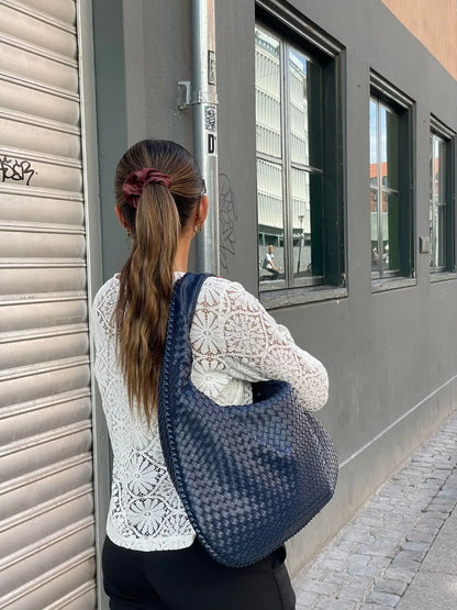Large Woven Shoulder Bag Soft Vegan Leather Tote