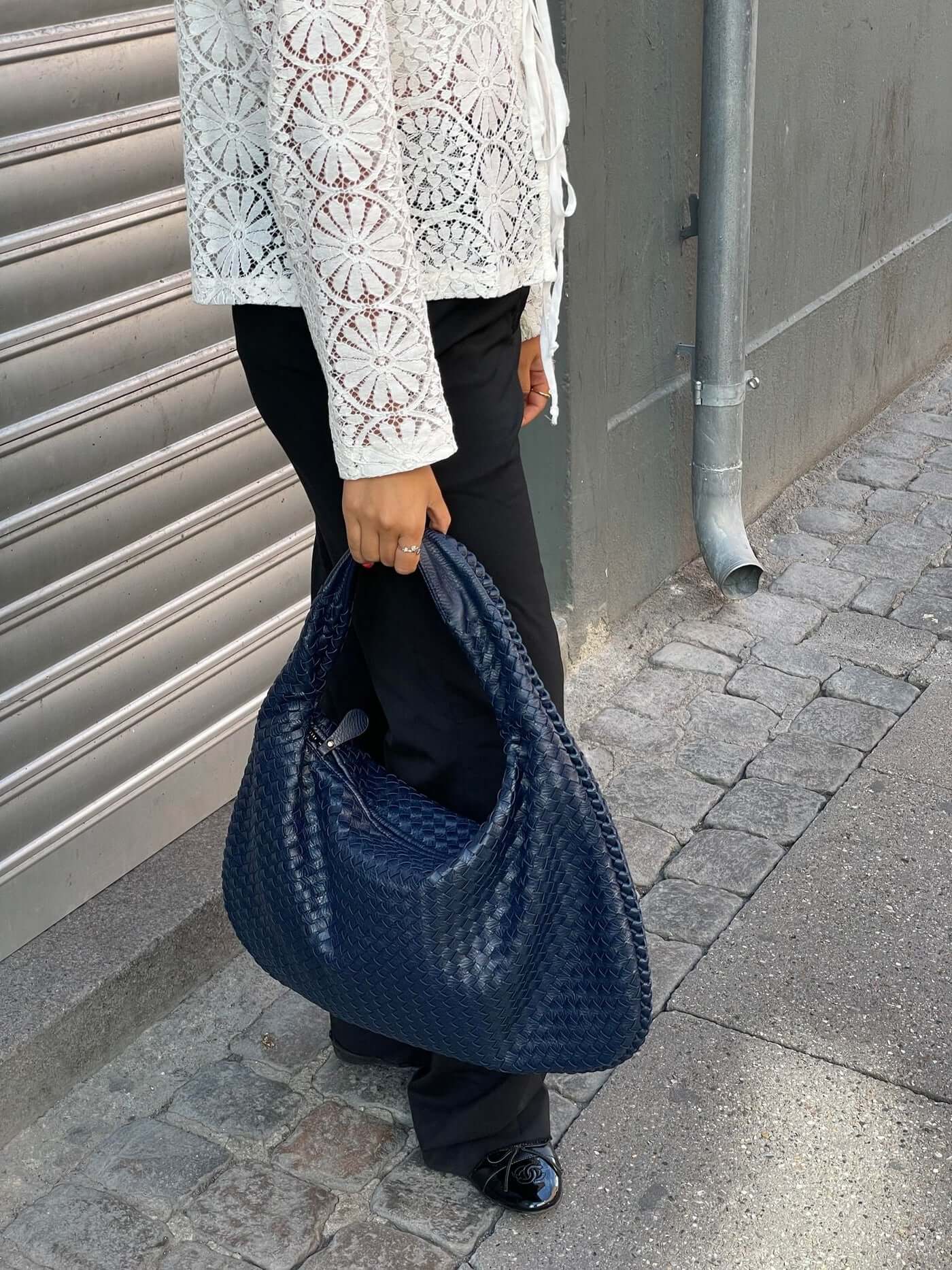Large Woven Shoulder Bag Soft Vegan Leather Tote
