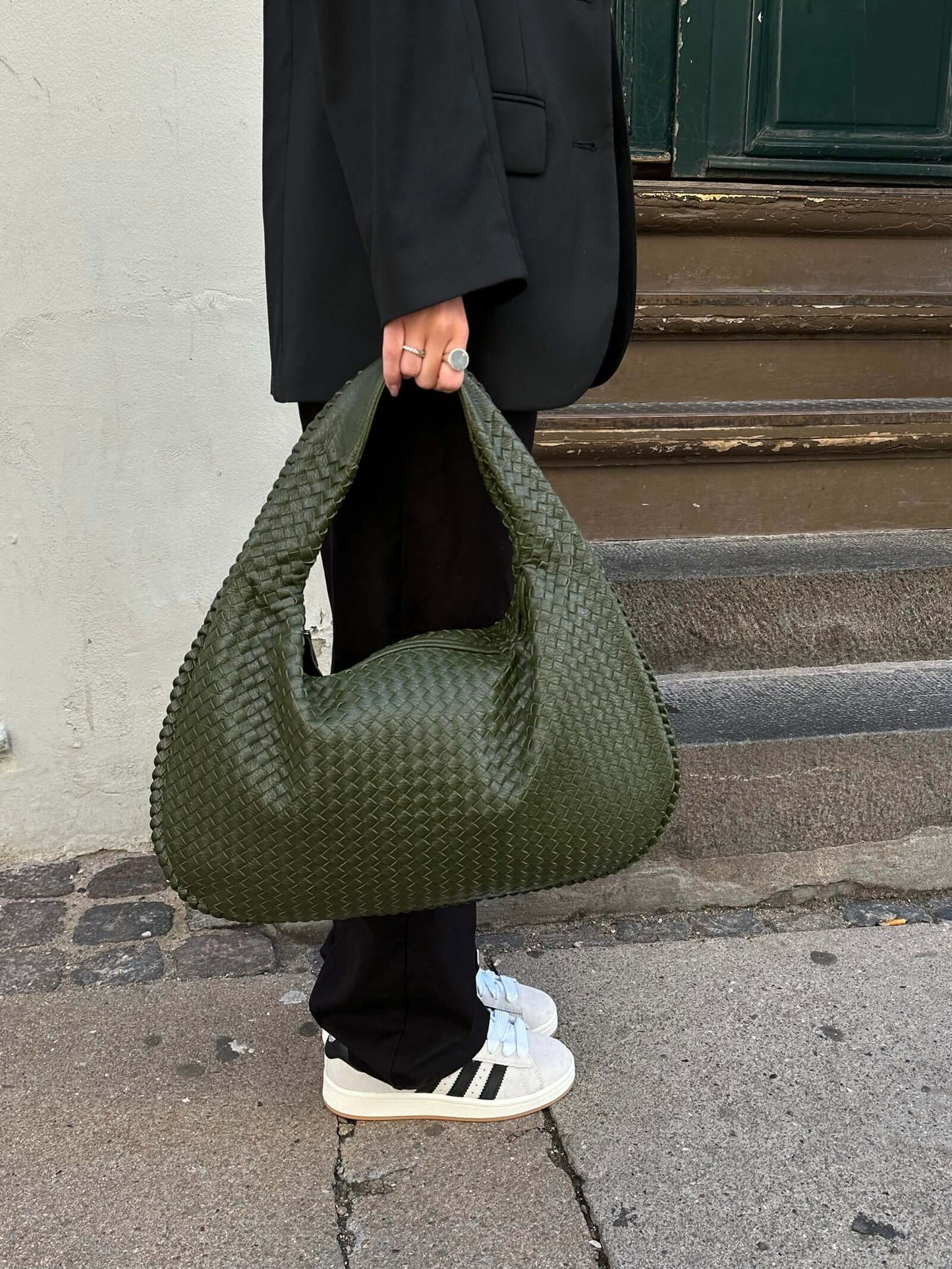 Large Woven Shoulder Bag Soft Vegan Leather Tote