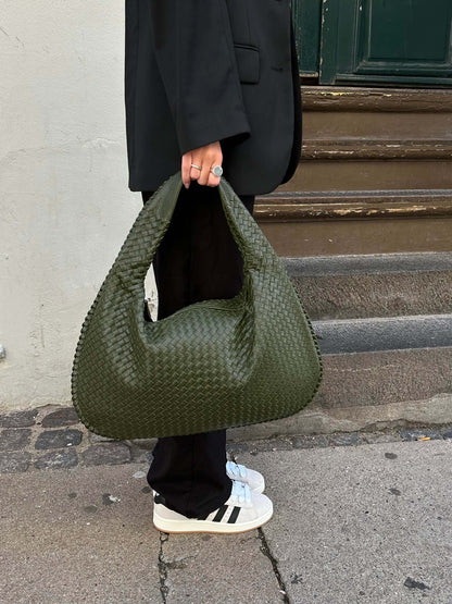 Large Woven Shoulder Bag Soft Vegan Leather Tote