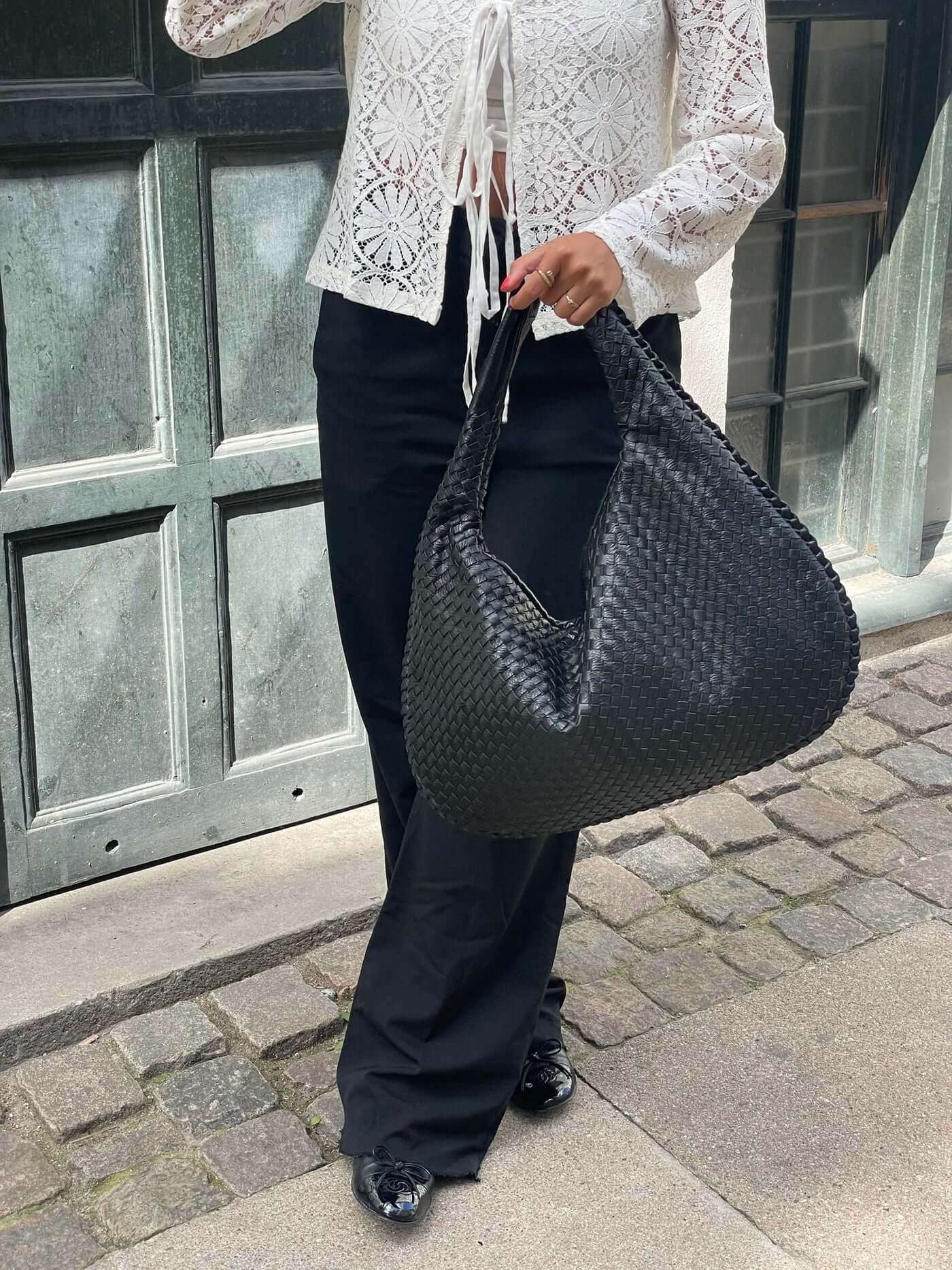 Large Woven Shoulder Bag Soft Vegan Leather Tote