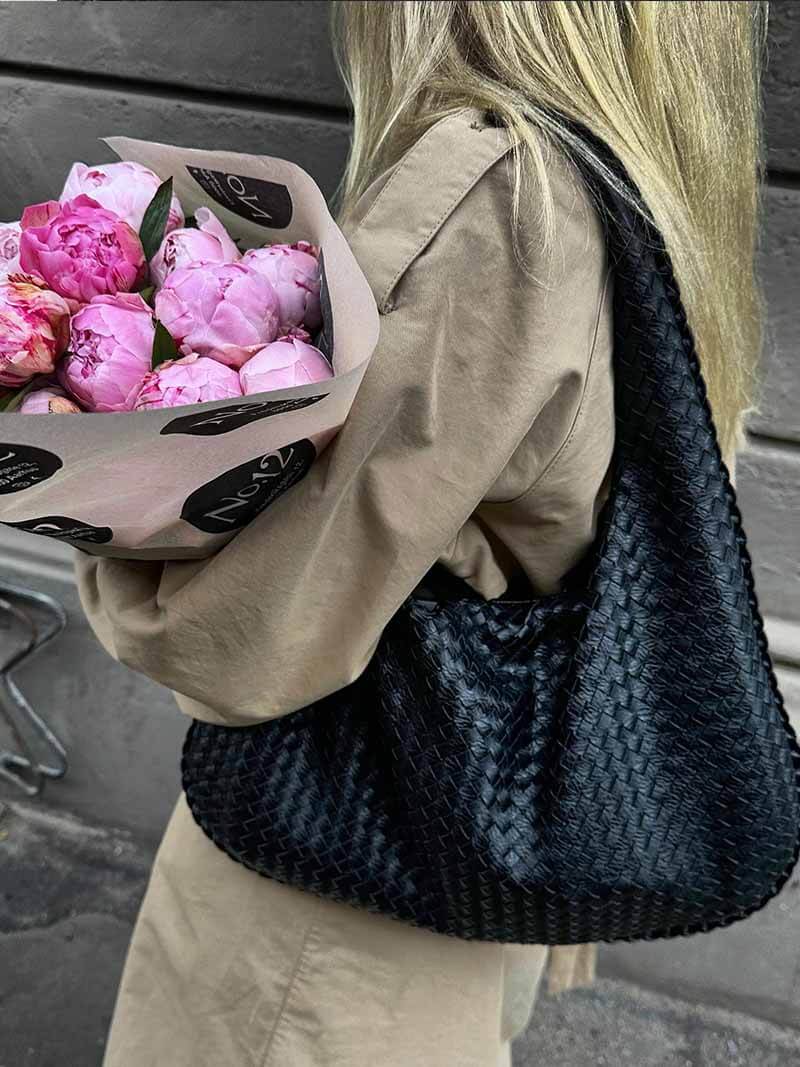 Large Woven Shoulder Bag Soft Vegan Leather Tote
