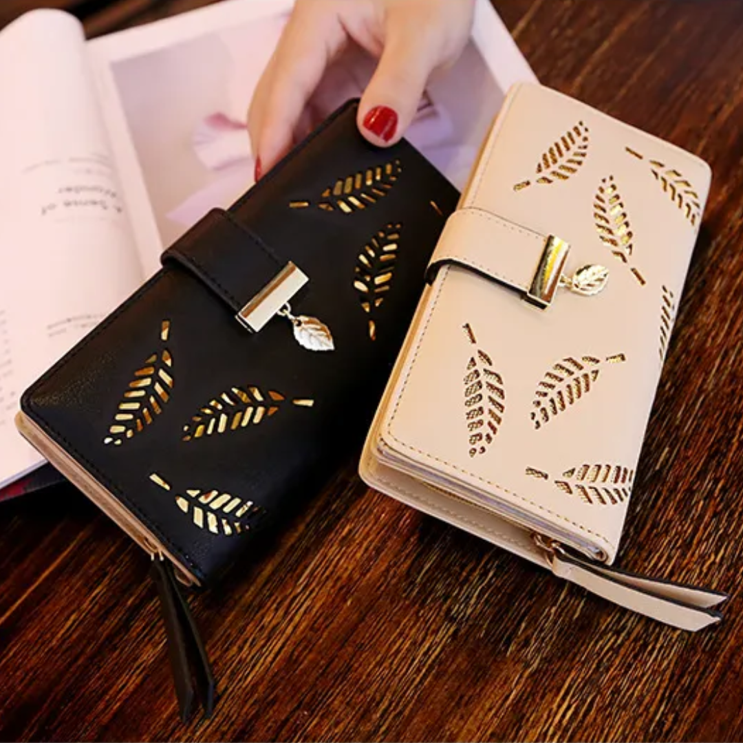 Leather Golden Leaf Wallet PU Leather Card Holder Phone Wallet Clutch Purse