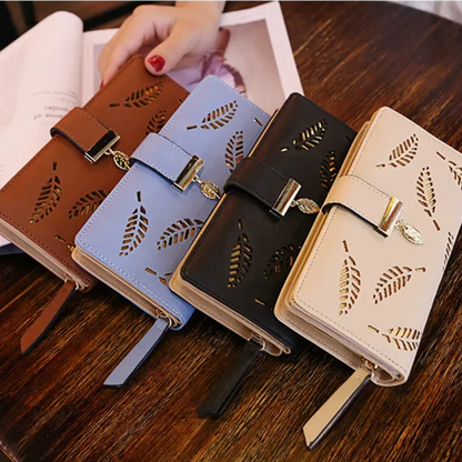 Leather Golden Leaf Wallet PU Leather Card Holder Phone Wallet Clutch Purse