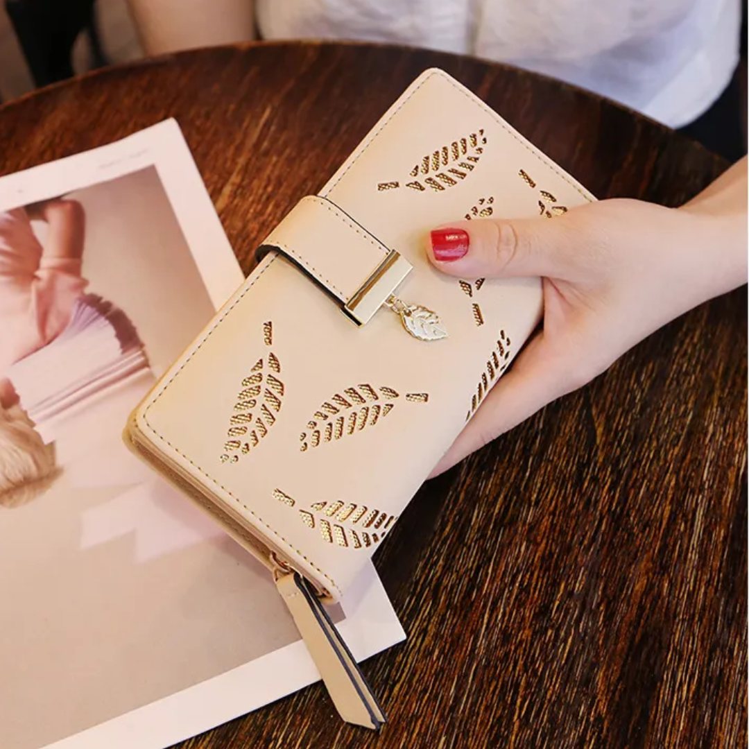 Leather Golden Leaf Wallet PU Leather Card Holder Phone Wallet Clutch Purse
