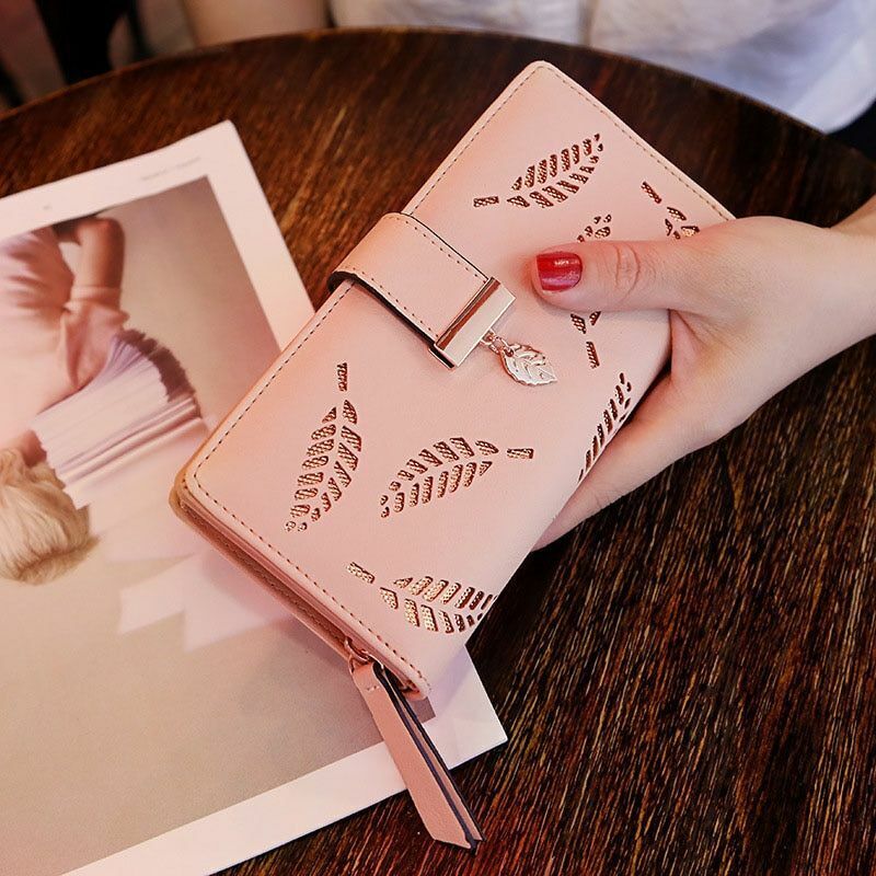 Leather Golden Leaf Wallet PU Leather Card Holder Phone Wallet Clutch Purse