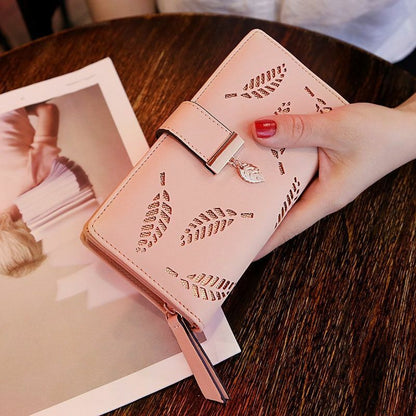 Leather Golden Leaf Wallet PU Leather Card Holder Phone Wallet Clutch Purse