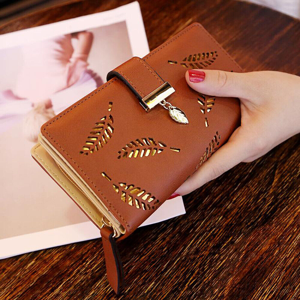 Leather Golden Leaf Wallet PU Leather Card Holder Phone Wallet Clutch Purse