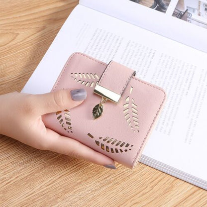 Leather Golden Leaf Wallet PU Leather Card Holder Phone Wallet Clutch Purse