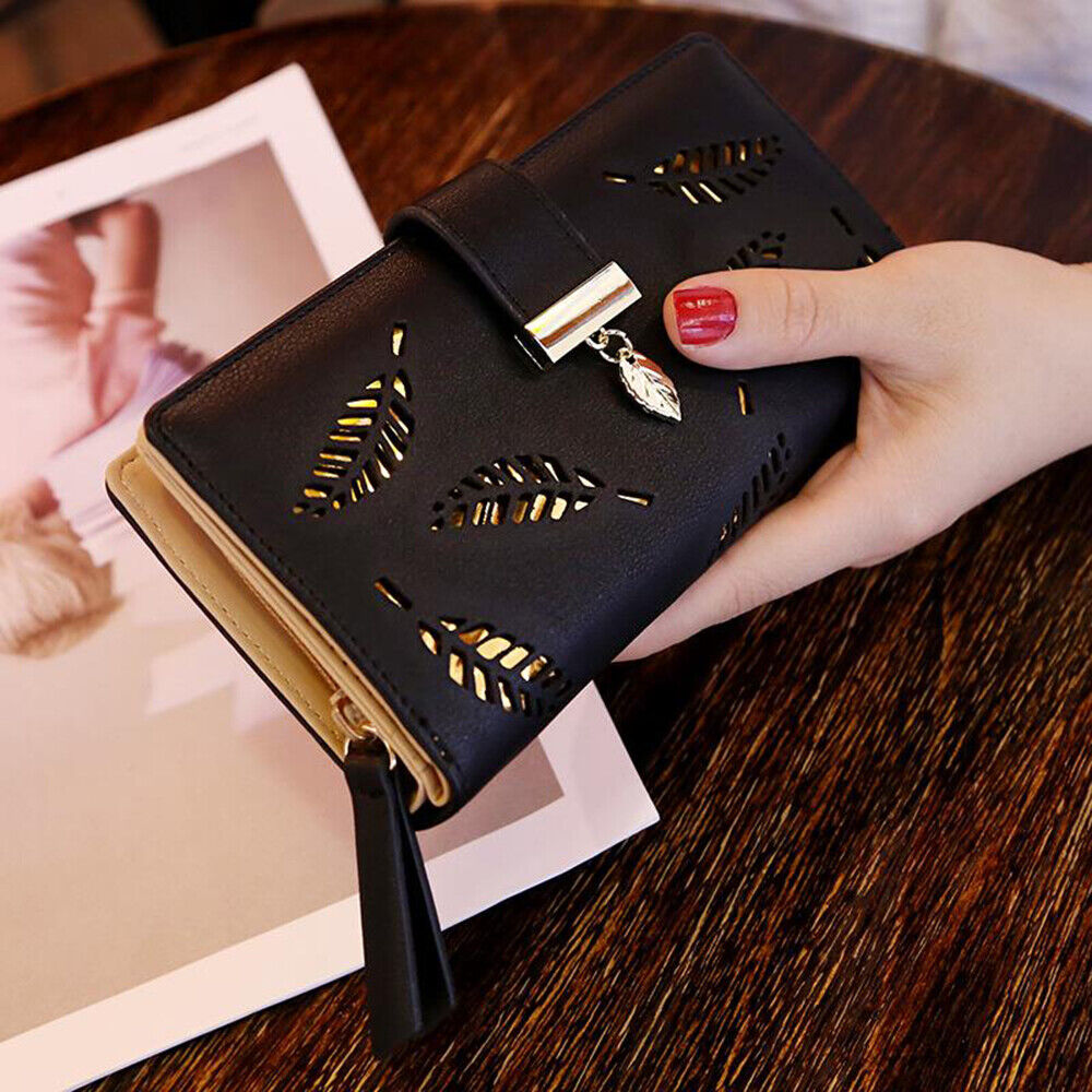 Leather Golden Leaf Wallet PU Leather Card Holder Phone Wallet Clutch Purse