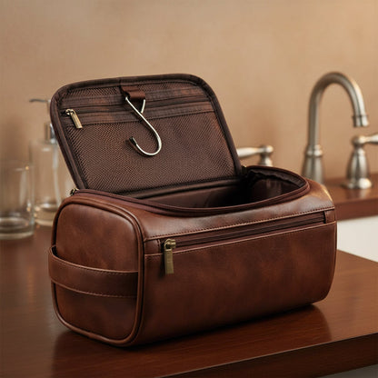 Leather Travel Toiletry Bag Hanging Cosmetic Organizer with Hook