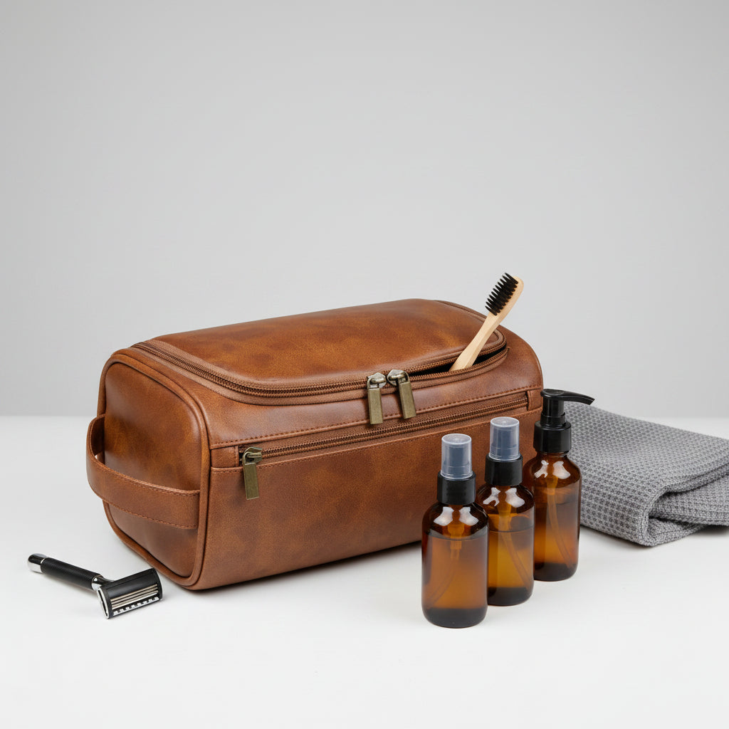Leather Travel Toiletry Bag Hanging Cosmetic Organizer with Hook