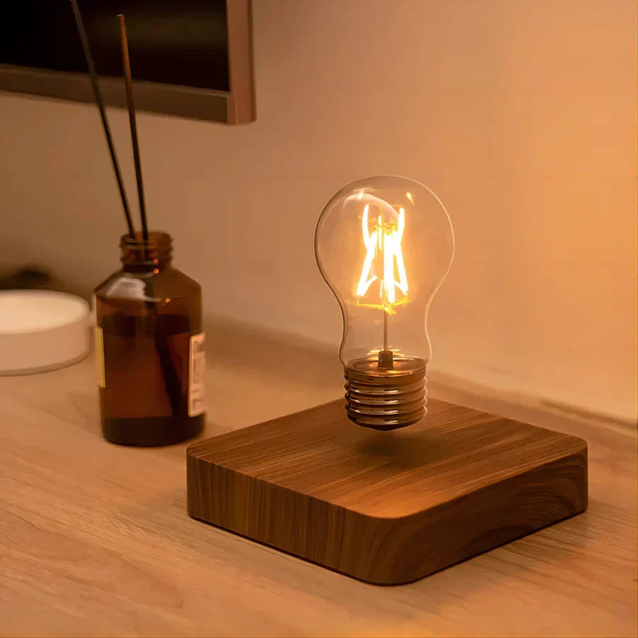 Levitating Edison Bulb Lamp with Walnut Wood Base – Modern Floating Desk Light