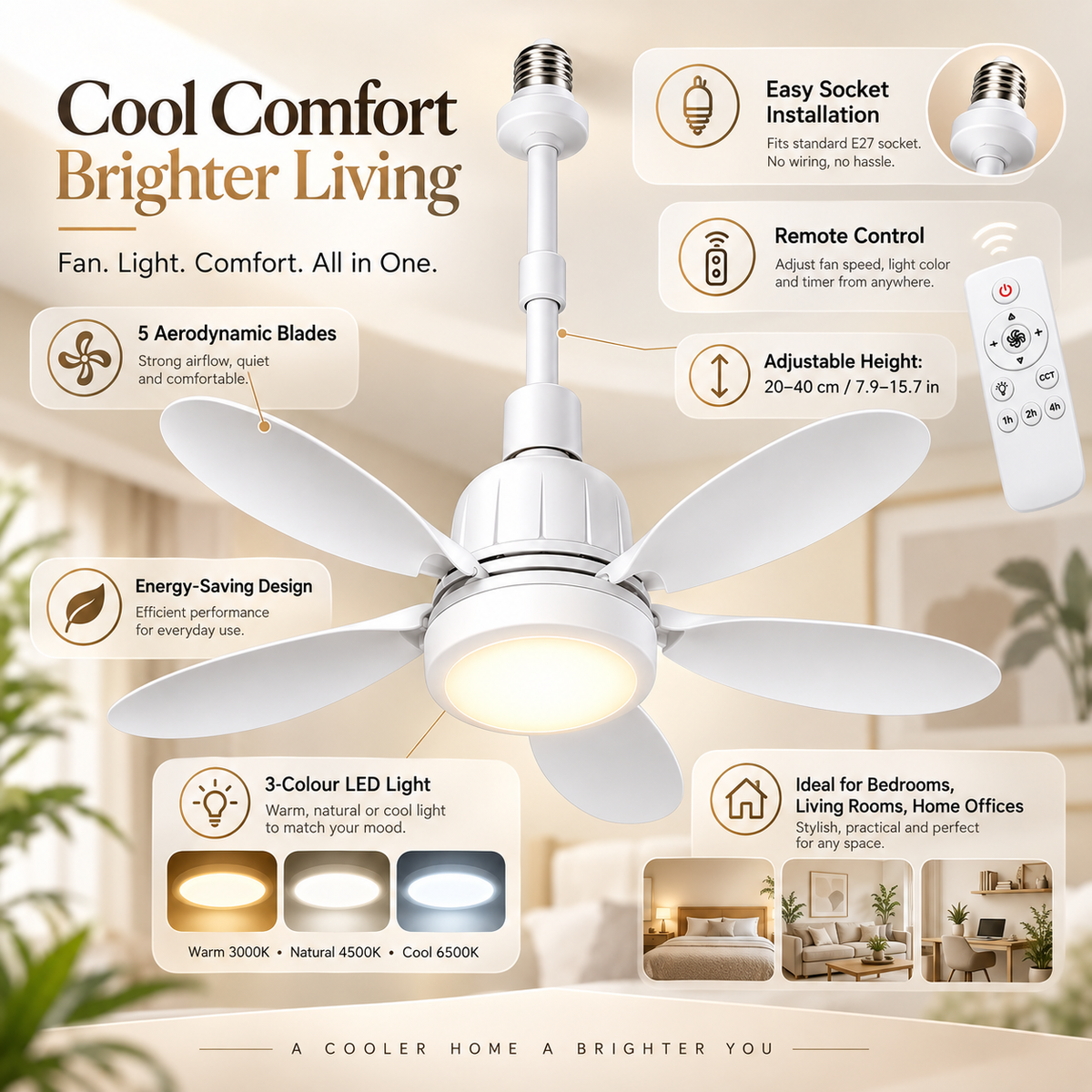 Light Socket Ceiling Fan with LED Light and Remote Control