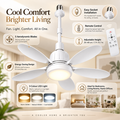 Light Socket Ceiling Fan with LED Light and Remote Control