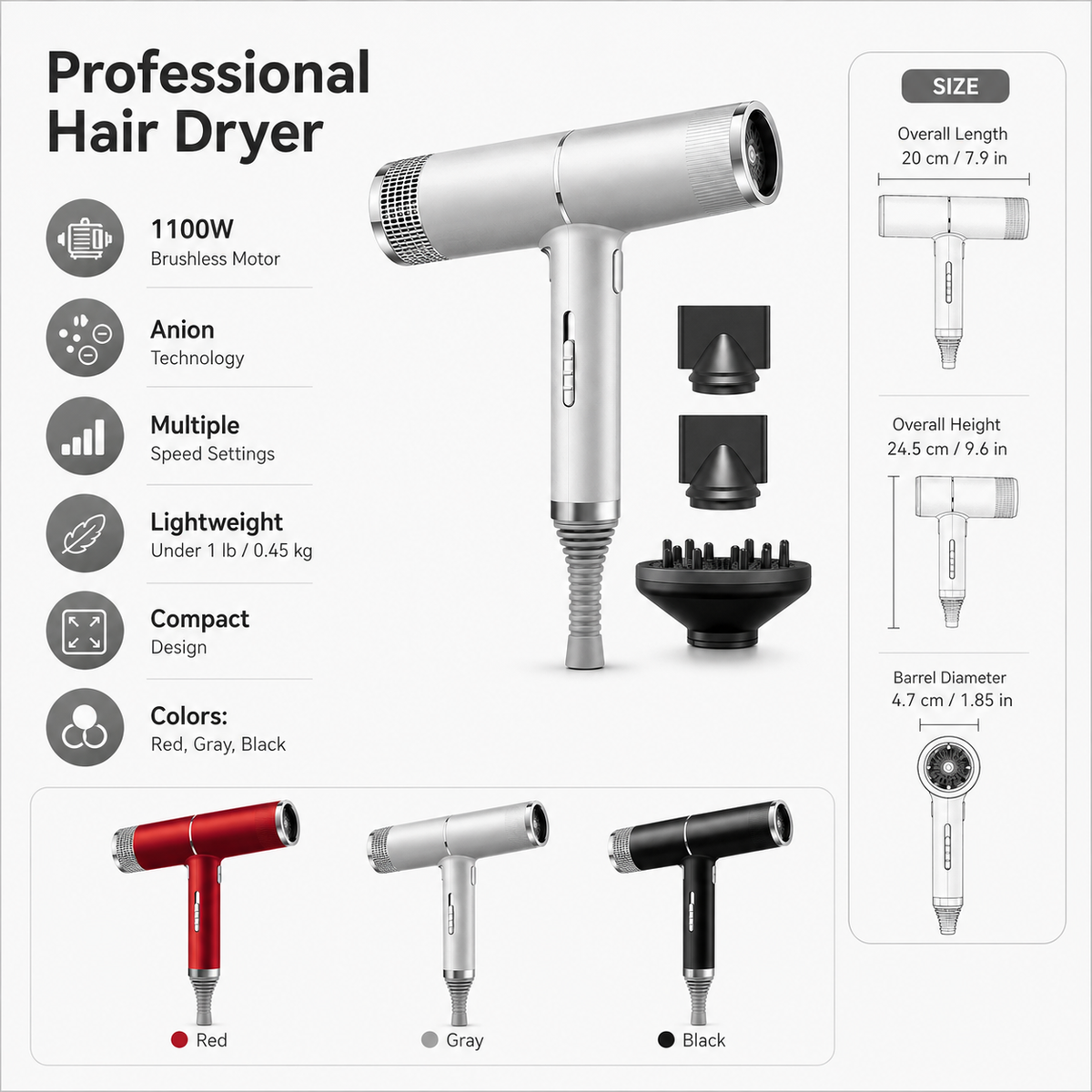 Lightweight High-Speed Hair Dryer with Compact Design and 1100W Motor