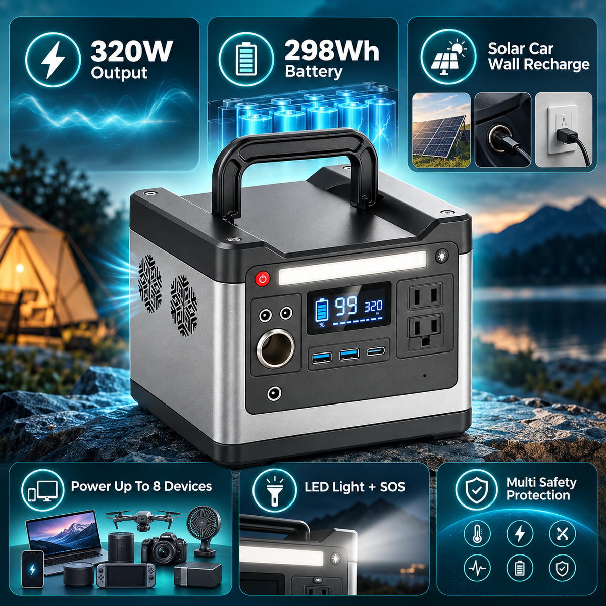 Lightweight Portable Power Station with 298Wh Battery Capacity and 320W Output