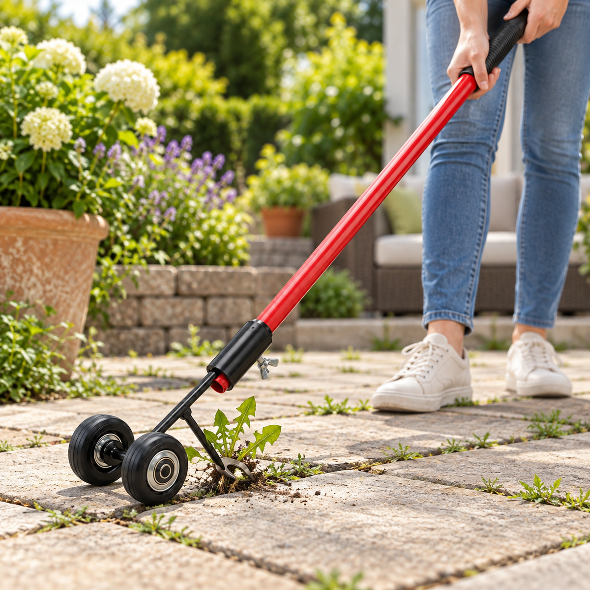 Onkruidverwijderaar met lange steel van roestvrij staal voor voegen in bestrating en de tuin