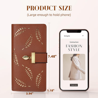 Long Leaf Leather Wallet with Zipper Coin Pocket and Card Storage