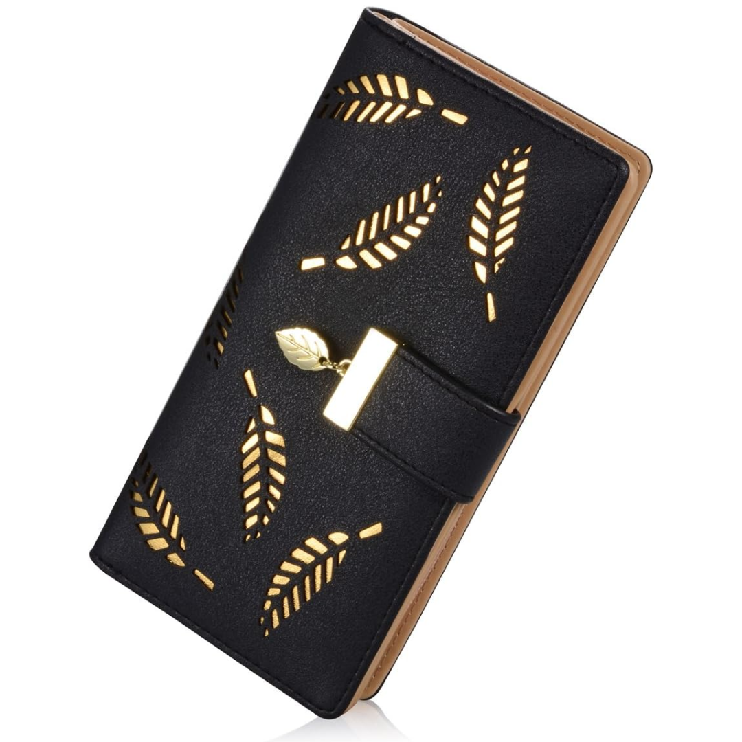 Long Leaf Leather Wallet with Zipper Coin Pocket and Card Storage