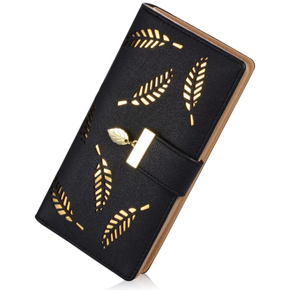 Long Leaf Leather Wallet with Zipper Coin Pocket and Card Storage
