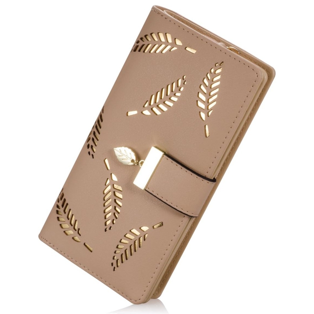 Long Leaf Leather Wallet with Zipper Coin Pocket and Card Storage