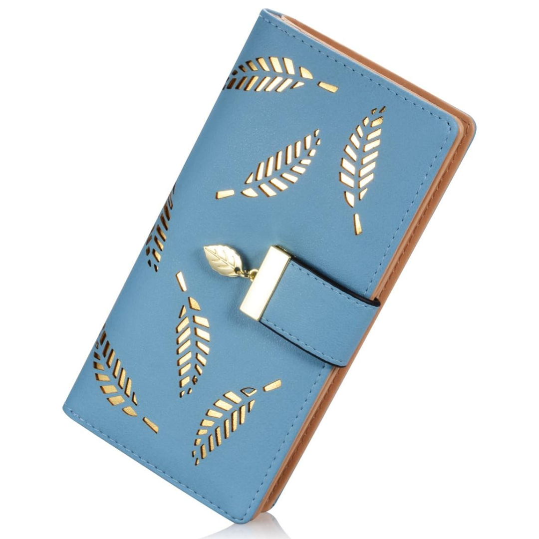 Long Leaf Leather Wallet with Zipper Coin Pocket and Card Storage