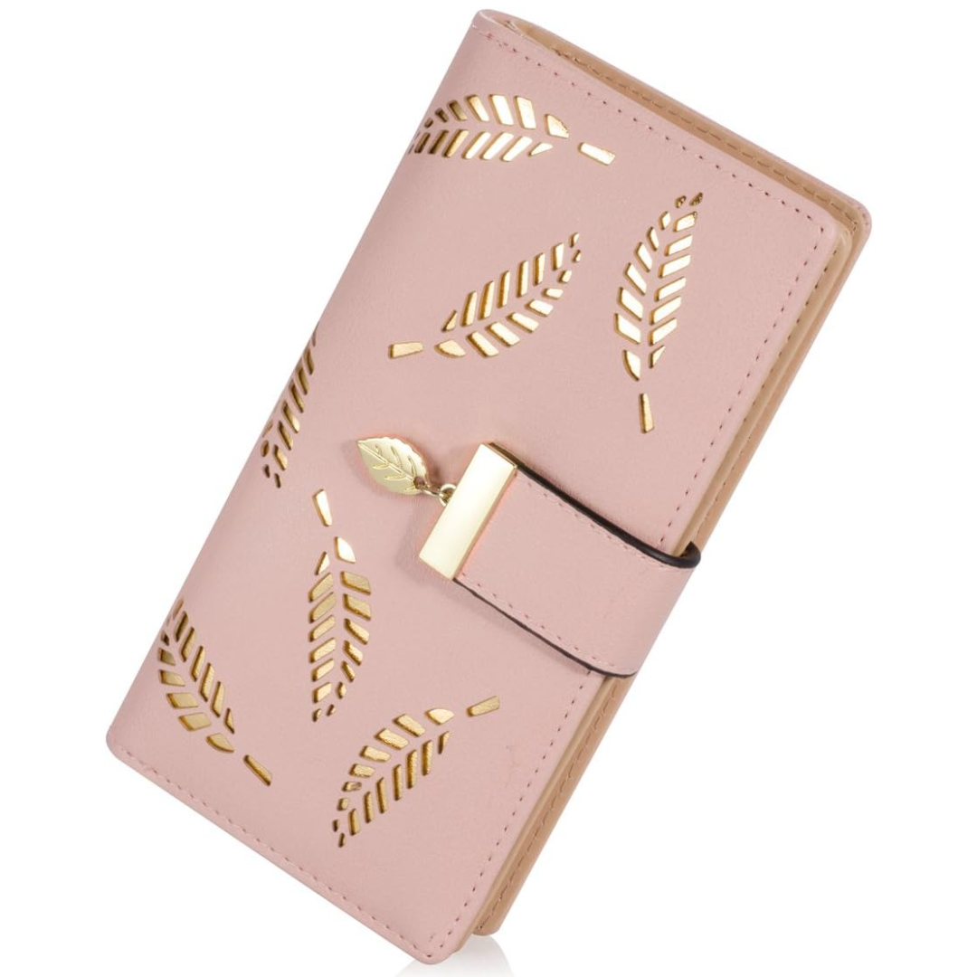 Long Leaf Leather Wallet with Zipper Coin Pocket and Card Storage