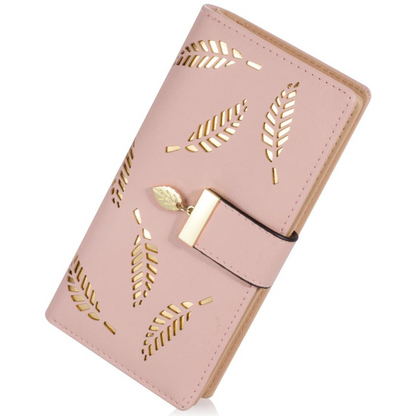 Long Leaf Leather Wallet with Zipper Coin Pocket and Card Storage