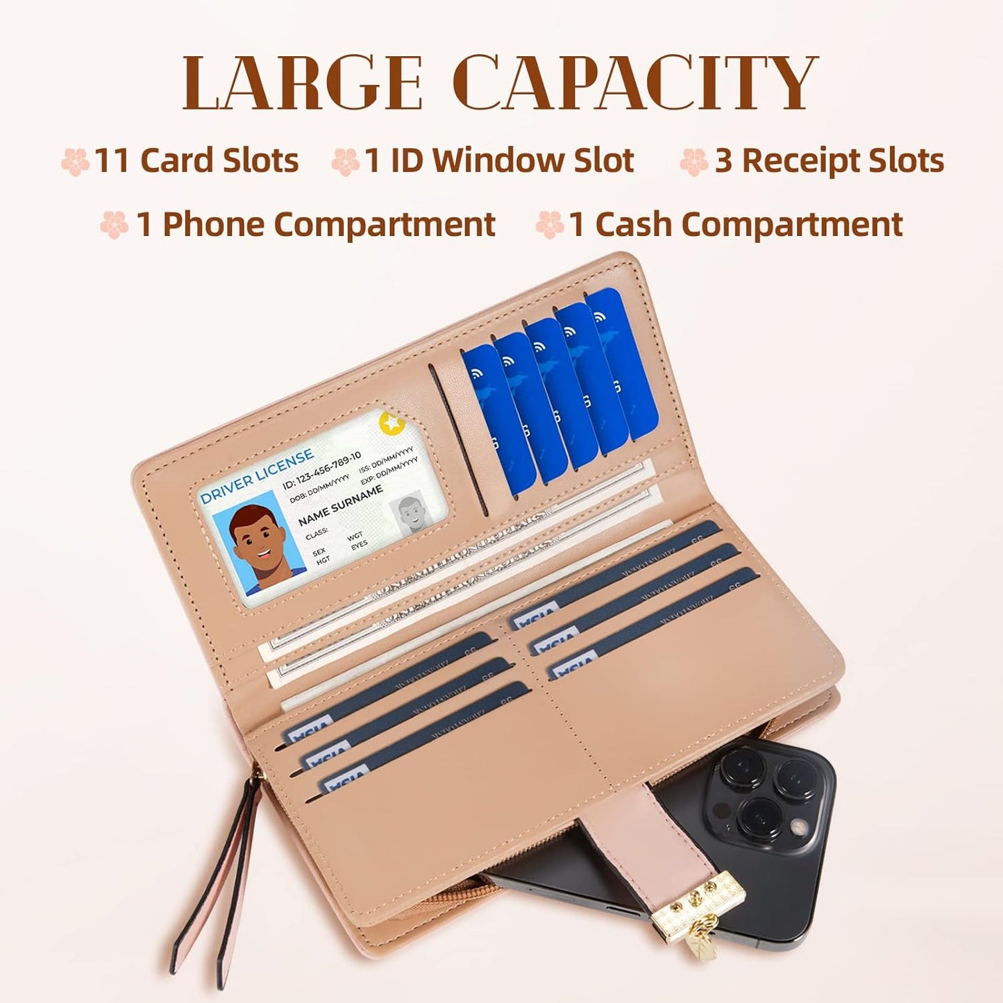 Long Leaf Leather Wallet with Zipper Coin Pocket and Card Storage