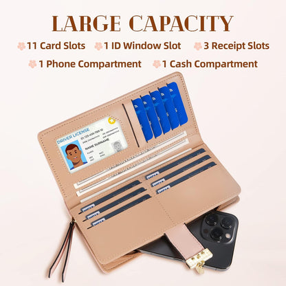Long Leaf Leather Wallet with Zipper Coin Pocket and Card Storage