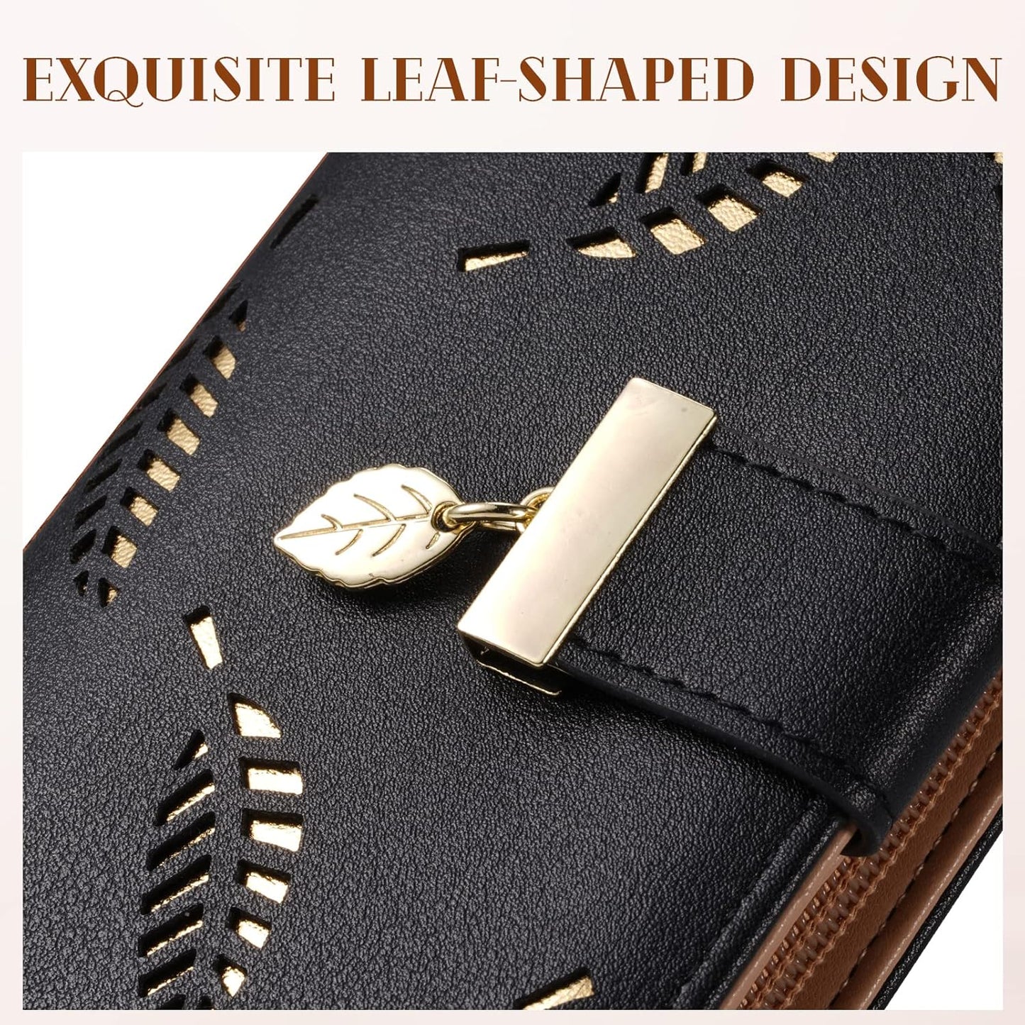 Long Leaf Leather Wallet with Zipper Coin Pocket and Card Storage