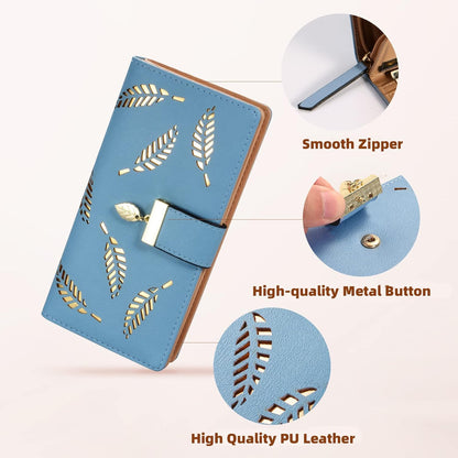 Long Leaf Leather Wallet with Zipper Coin Pocket and Card Storage