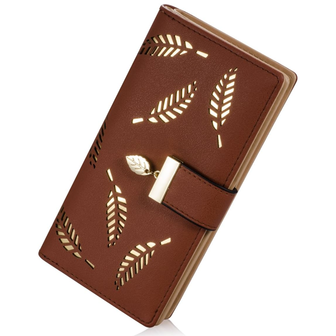 Long Leaf Leather Wallet with Zipper Coin Pocket and Card Storage
