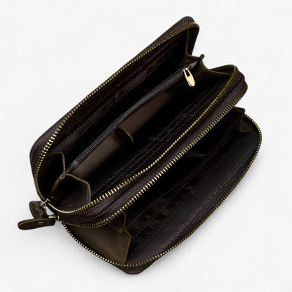 Long Leather Wallet Mens Double Zipper Card Holder Travel Purse
