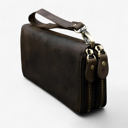 Long Leather Wallet Mens Double Zipper Card Holder Travel Purse