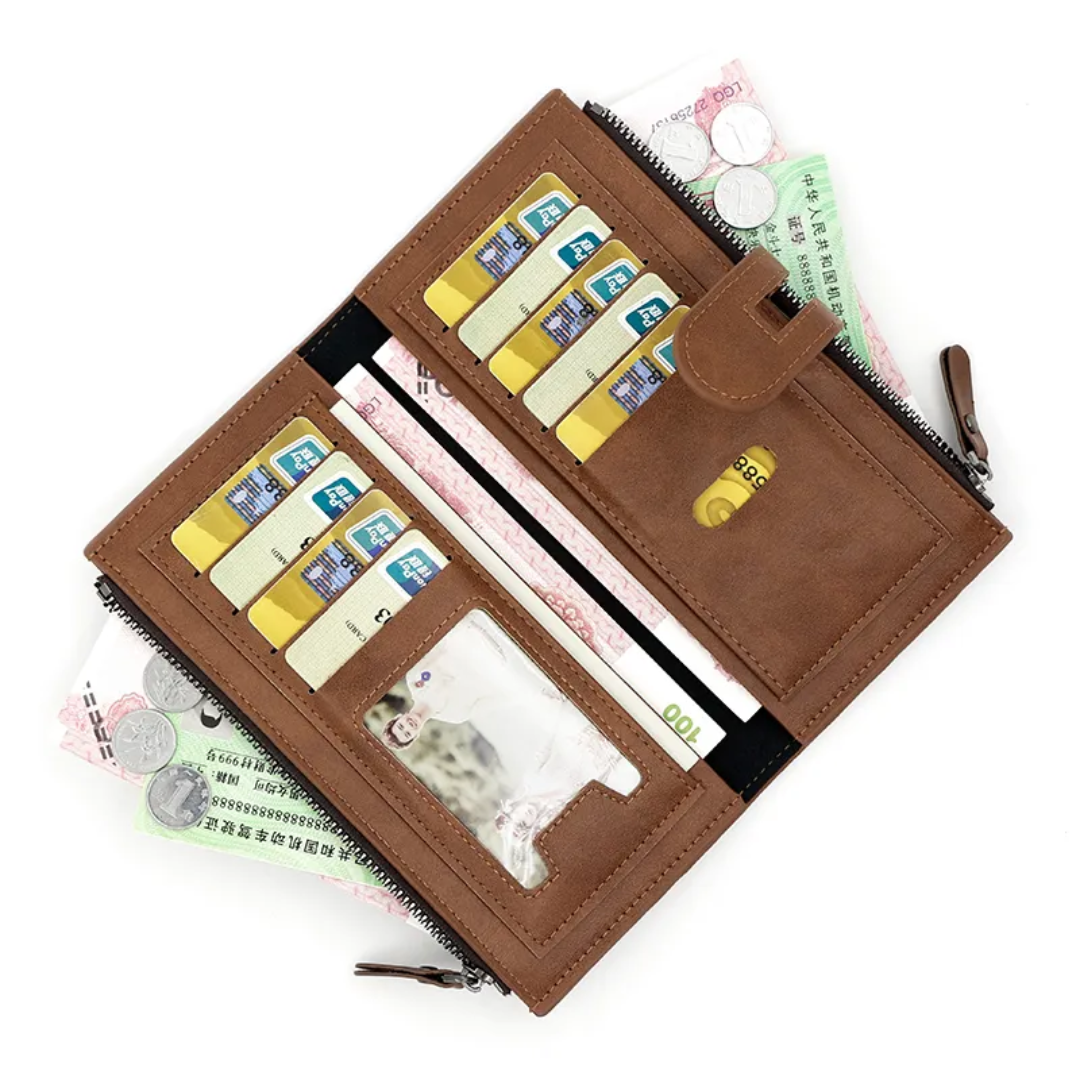 Long Leather Wallet Slim Durable Zippered Wallet for Cards and Cash