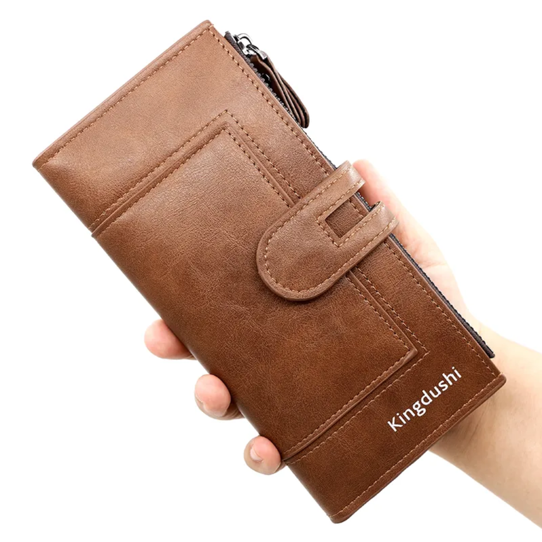 Long Leather Wallet Slim Durable Zippered Wallet for Cards and Cash