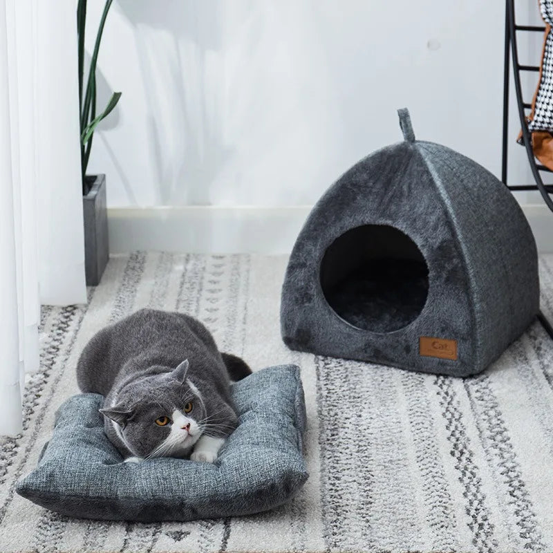 Luxury Covered Cat Bed Warm Plush Pet Sleeping House