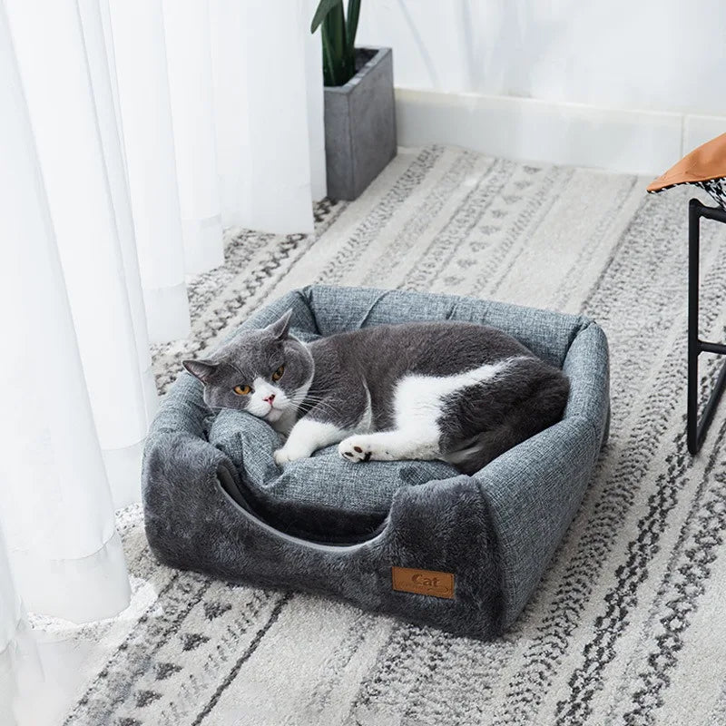 Luxury Covered Cat Bed Warm Plush Pet Sleeping House