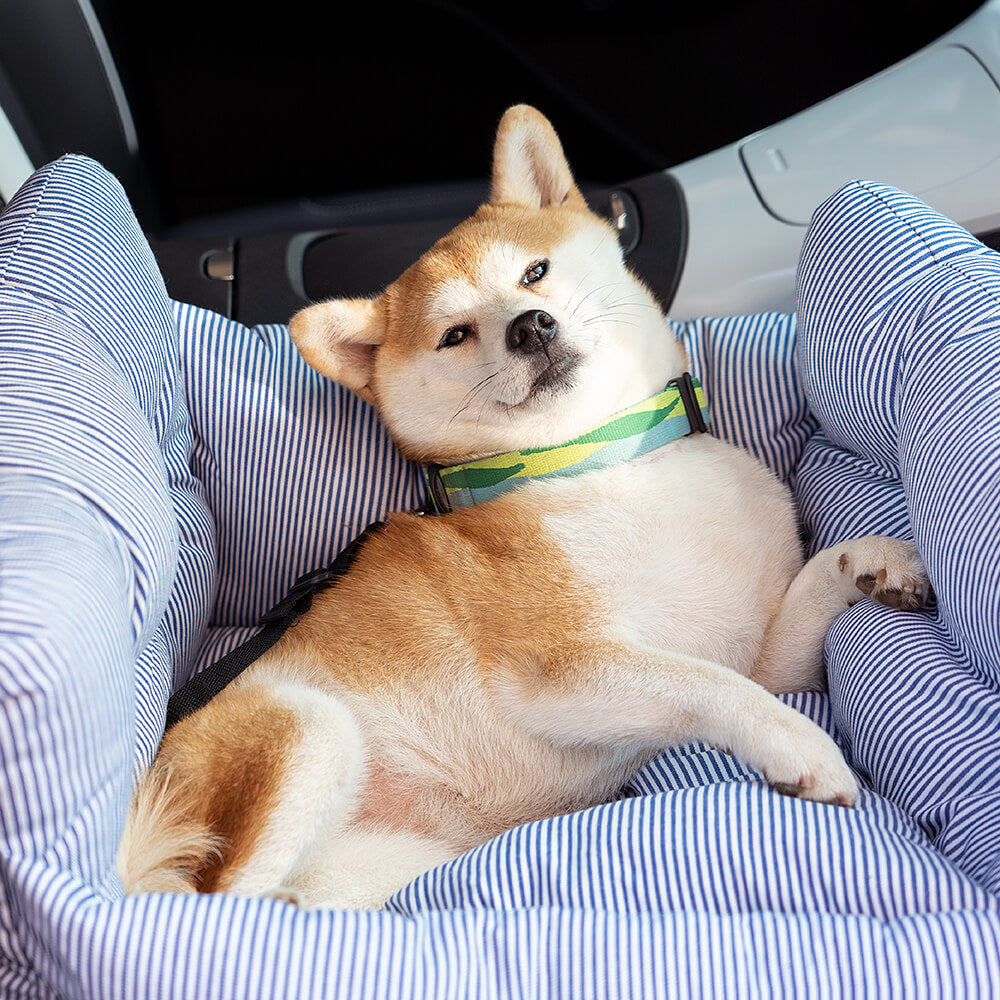 Luxury Dog Car Seat with Blue-White Stripes – Comfortable & Safe Travel Bed for Pets