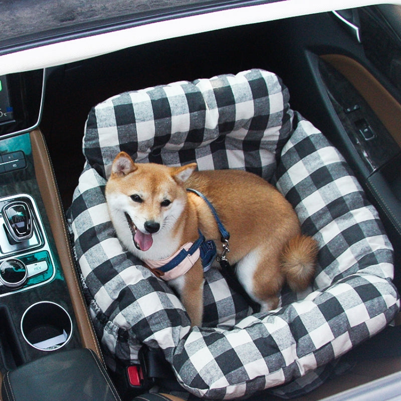 Luxury Dog Car Seat with Blue-White Stripes – Comfortable & Safe Travel Bed for Pets