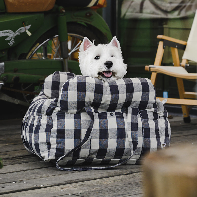 Luxury Dog Car Seat with Blue-White Stripes – Comfortable & Safe Travel Bed for Pets