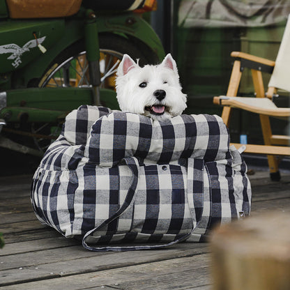 Luxury Dog Car Seat with Blue-White Stripes – Comfortable & Safe Travel Bed for Pets