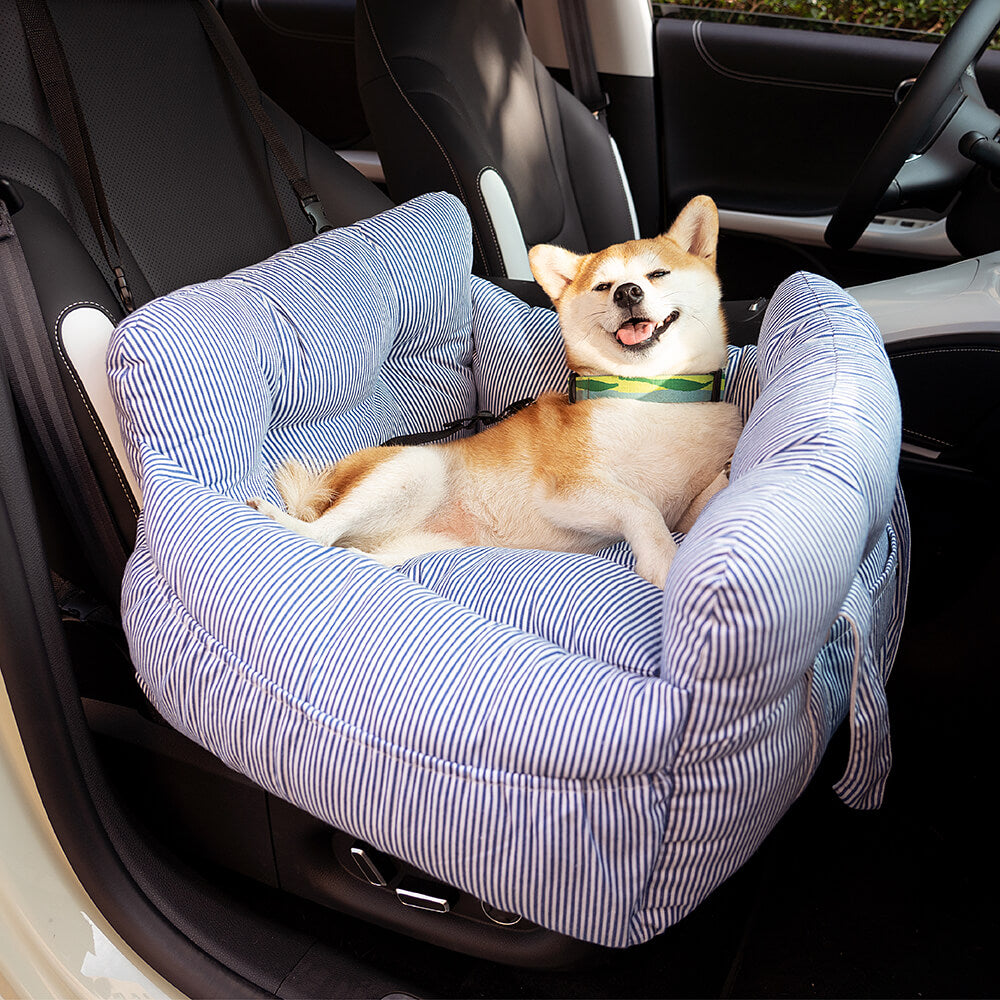 Luxury Dog Car Seat with Blue-White Stripes – Comfortable & Safe Travel Bed for Pets