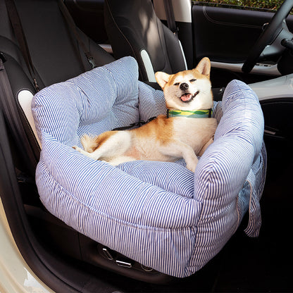 Luxury Dog Car Seat with Blue-White Stripes – Comfortable & Safe Travel Bed for Pets