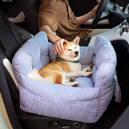 Luxury Dog Car Seat with Blue-White Stripes – Comfortable & Safe Travel Bed for Pets