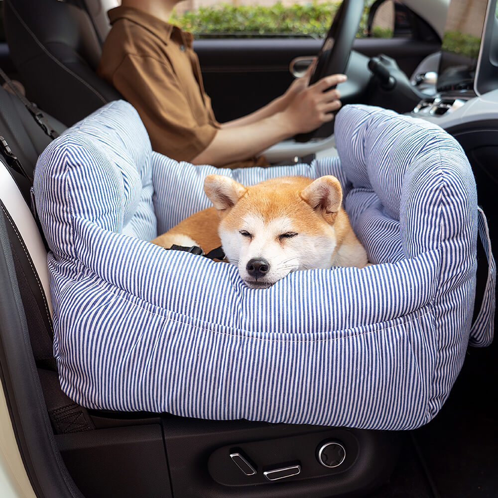 Luxury Dog Car Seat with Blue-White Stripes – Comfortable & Safe Travel Bed for Pets