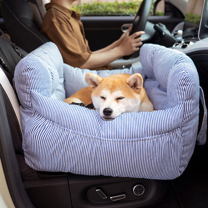 Luxury Dog Car Seat with Blue-White Stripes – Comfortable & Safe Travel Bed for Pets
