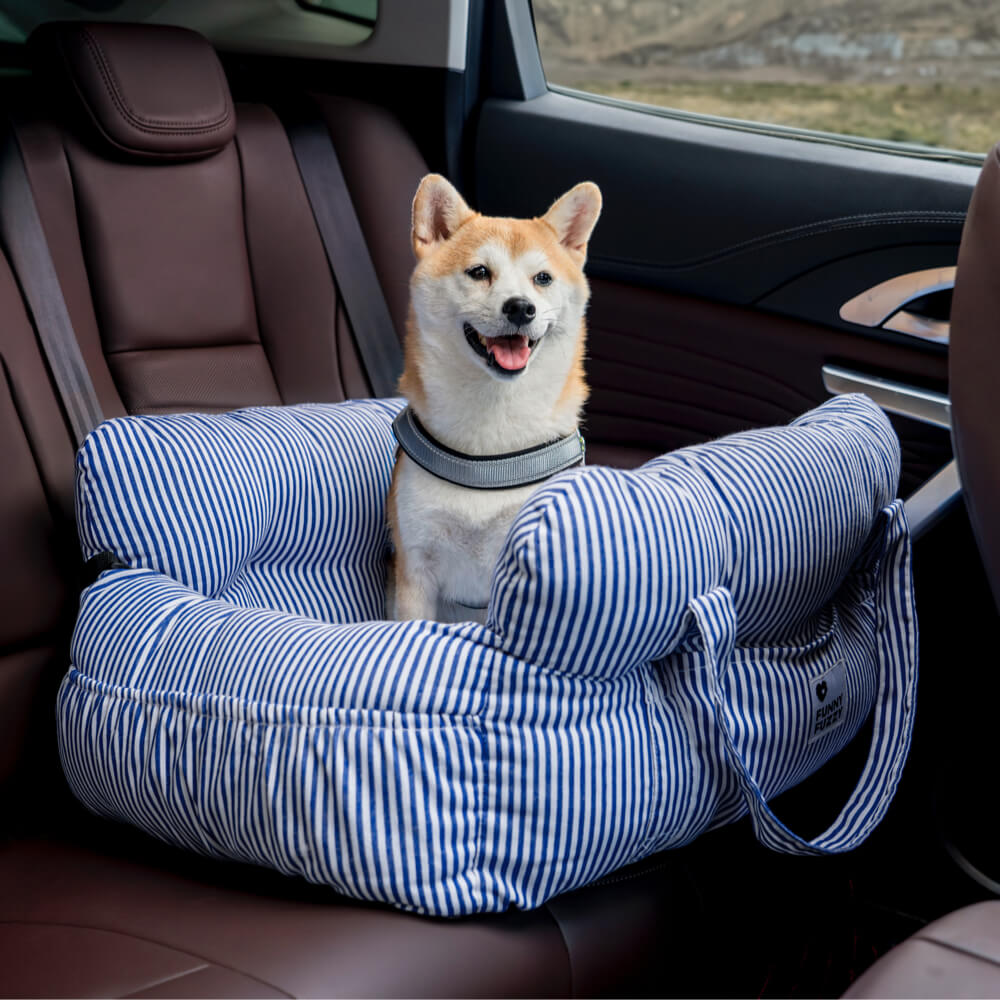 Luxury Dog Car Seat with Blue-White Stripes – Comfortable & Safe Travel Bed for Pets